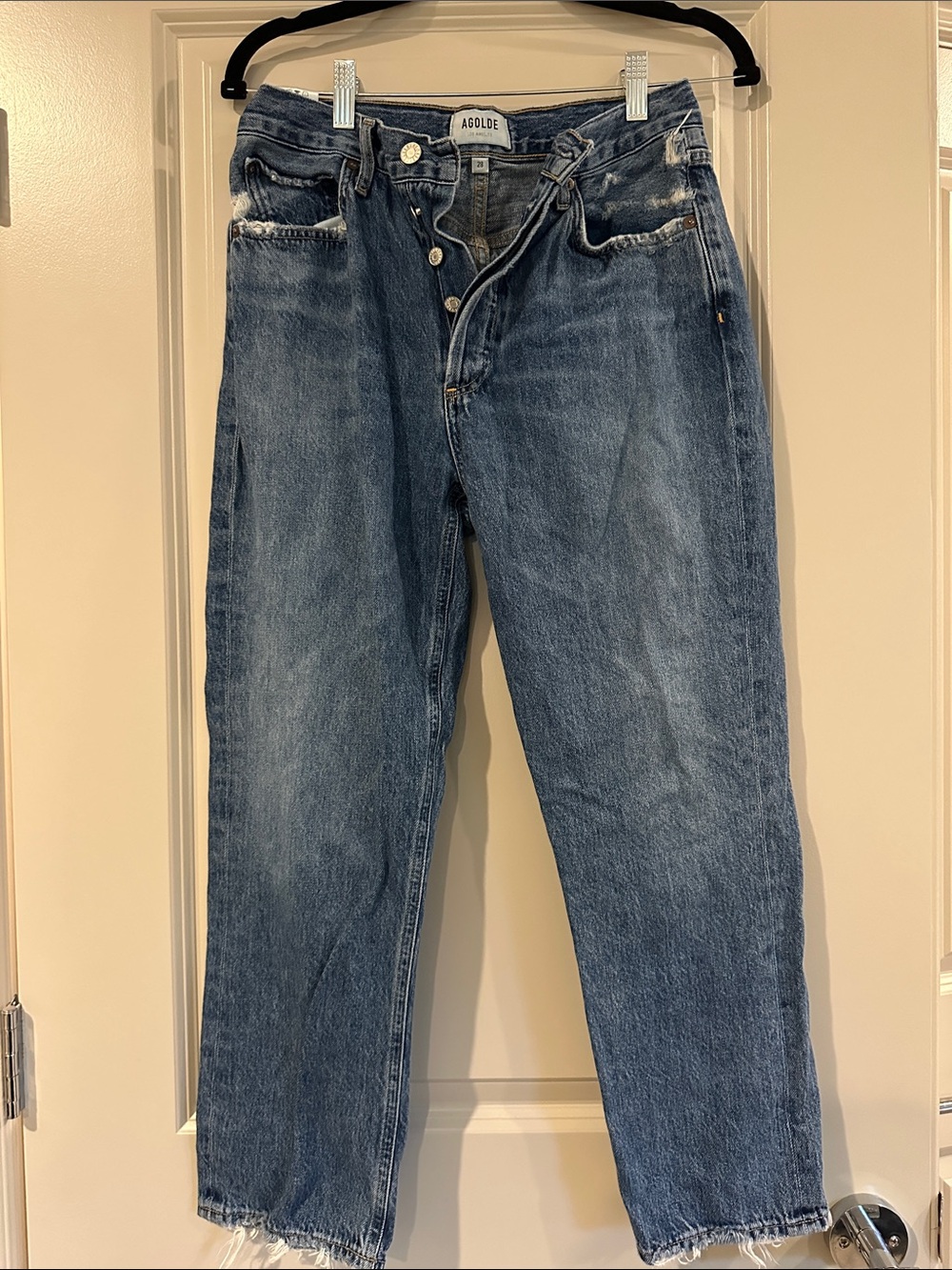 Agolde women’s Medium Blue Straight Jeans with Button Fly
